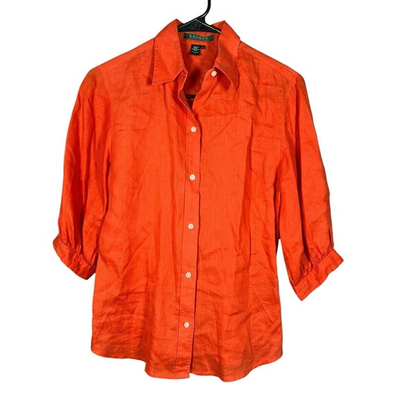 Lauren Ralph Lauren Women Linen Puff-Sleeve Blouse Sz Small Sunset Orange Casual - Picture 1 of 8